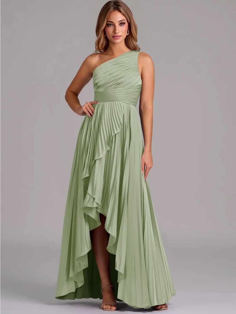 Asymmetric One-Shoulder Sage Green High-Low Maxi Dress
